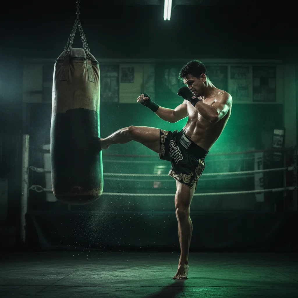 Atleta de Muay Thai treinando no saco